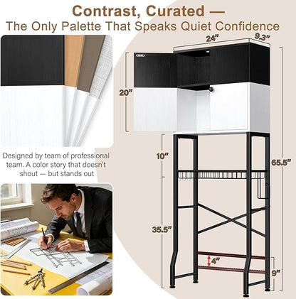 Over the Toilet Storage Cabinet - Freestanding Bathroom Organizer Shelf with Doors, Black & White Over the Toilet Shelves that Separates Wet and Dry Areas, Privacy Protection Above Toilet Storage Rack