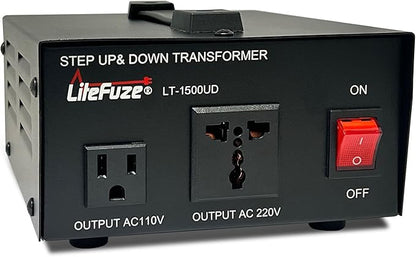 LiteFuze 1500 Watt Voltage Converter Transformer Step Up/Down - 110v to 220v / 220v to 110v Power Converter - Fully USA Grounded Cord - Universal Outlet Socket, 2x US Outlets - CE Certified