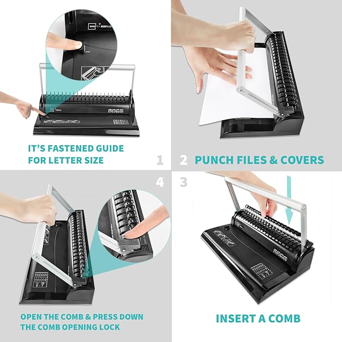 Binditek Binding Machine, 19-Hole, 145 Sheets, Comb Binder Machines with 30 PCS 1/2" Binding Combs, for Letter Size, Fixed Margin
