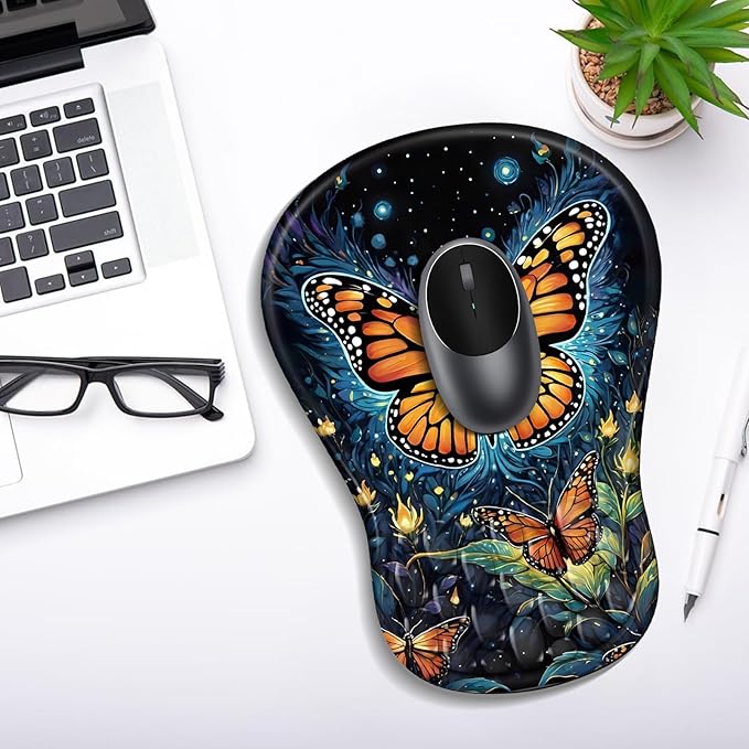 YIWEI Ergonomic Mouse Pad with Wrist Rest - Comfortable Office Mousepad with Memory Foam Wrist Support for Carpal Tunnel Relief, Mouse Pads with Non-Slip Base for Gaming and Home (Butterfly)