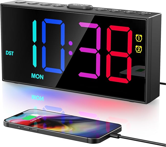 PPLEE RGB Digital Alarm Clock for Bedrooms with Day Display, Loud Dual Alarms for Heavy Sleepers, Plug-in Bedside Clock with USB Charging, Dimmable Large LED Display, Snooze for Kids Teens Boys Girls