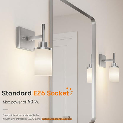 AONEON Bathroom Light Fixtures Brushed Nickel Vanity Lights with White Frosted Glass Shade, Wall Lamp for Mirror Kitchen Bedroom Living Room Porch T001BR-L1