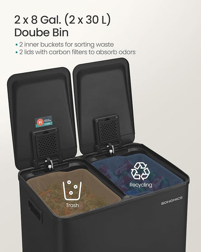 SONGMICS Trash Can, 2 x 8 Gallon (2 x 30 L) Dual-Compartment Garbage Can with Soft-Close Lid, Pedal and Inner Buckets, Stainless Steel, Includes 15 Liner Bags, Ink Black ULTB741B01
