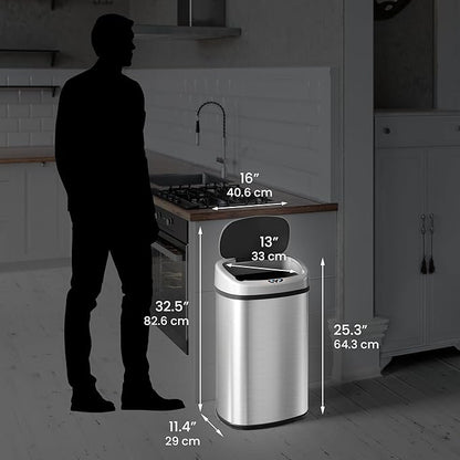 iTouchless 13 Gallon Sensor Kitchen Trash Can with Lid and Odor Filter, Stainless Steel Oval Automatic Trashcan for Home Office Bedroom Living Room Garage Large Capacity Slim Space-Saving Trash Bin