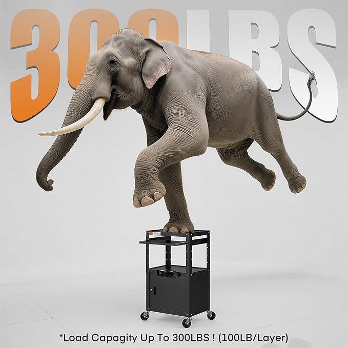 Steel Large AV Cart with Extra Storage - Adjustable Height Cart with Locking Cabinet, Pullout Tray, Power Strip, and Cord Management - Holds 300 lbs and Easy to Assemble (24'' x 18'' x 42'')
