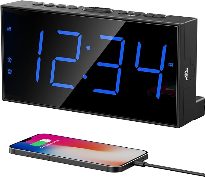 Digital Dual Alarm Clocks for Bedrooms, Large Big Numbers Display Electric Alarm Clock with Battery Backup, USB Port, Adjustable Alarm Volume, Dimmer, Easy to Set LED Desk Clock with Adapter Powered