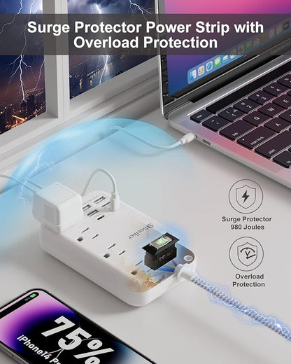 6 USB(2 USB C) Surge Protector Power Strip- 5Ft Travel Power Strip with 4.8A USB Charging Station and 4 Extendable Outlet, 13A Flat Plug Braided Extension Cord with Wall Mount for Travel Office Dorm