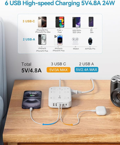 2100J Surge Protector Flat Plug Extension Cord 20 FT with 12 AC Outlets 6 USB Ports 5V/4.8A 24W, 20Ft Long Braided Thin Cord Wall Mount Long Charging Station for Travel Home Office College Dorm