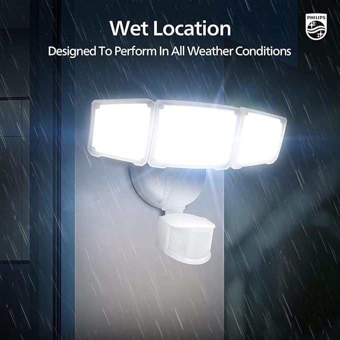 Philips 72W 7400LM LED Security Lights w/PIR Motion Sensor Outdoor, 5000K Daylight Dusk to Dawn Aluminum Flood Light, 3 Adjustable Heads, Waterproof for Garage, Yard, Porch