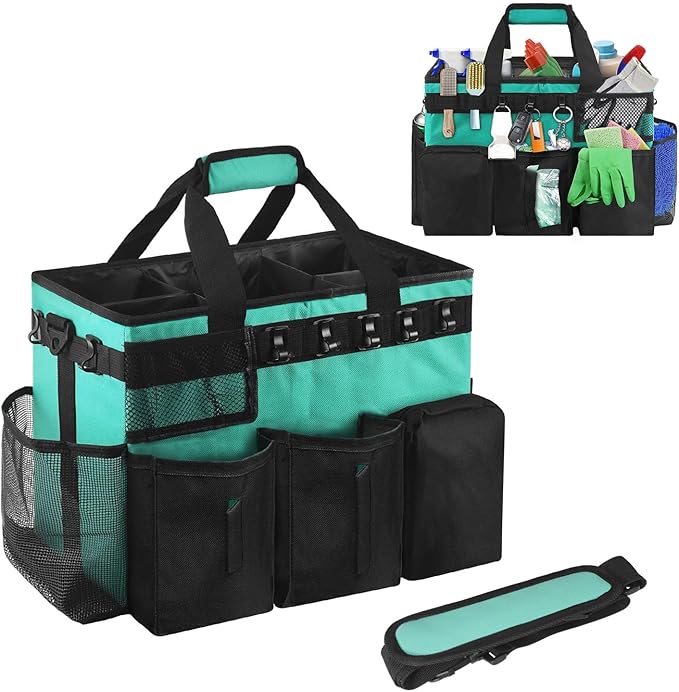 Boczif Cleaning Caddy Bag Wearable, Cleaning Caddy Supplies Organizer with Handle, Shoulder Straps & Detachable Divide, Cleaning Tool Organizers Tote Bag for Cleaners & Housekeepers (Green)