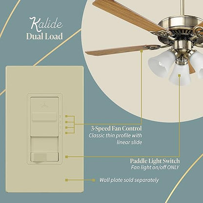 TOPGREENER Kalide Light Switch and 3-Speed Ceiling Fan Control Combo, in Wall Light and Fan Combination Switch, Single Pole, 2.5A, 720W, Neutral Wire Not Required, TGSFS3-I, Ivory