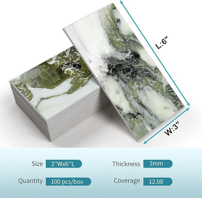 Vamos Tile 100-Piece Glossy Ice Green Peel and Stick Backsplash Tile,3''x6'' PVC Subway Tile with White Grout,Stick on Backsplash for Kitchen/Bathroom/Fireplace