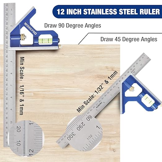 WORKPRO Aluminum Alloy Carpenter Square and Zinc-Alloy Square Ruler Set - 7 in. Rafter Layout Tool and 12 in. Combination Square Combo
