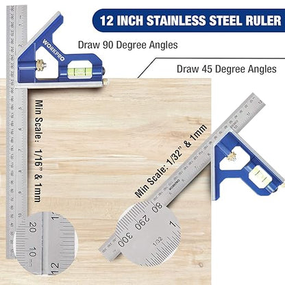 WORKPRO Aluminum Alloy Carpenter Square and Zinc-Alloy Square Ruler Set - 7 in. Rafter Layout Tool and 12 in. Combination Square Combo