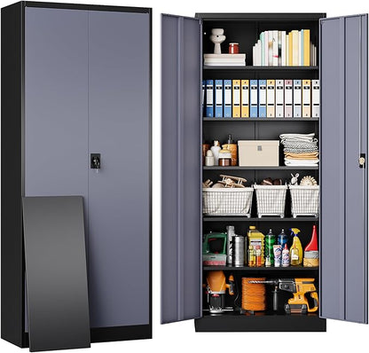 SISESOL Metal Storage Cabinet with 2 Doors and 6 Shelves,Gray Metal Cabinet with Lock,71" Lockable Garage Storage Cabinets,Locking Steel Cabinets for Home,Office,Garage,School