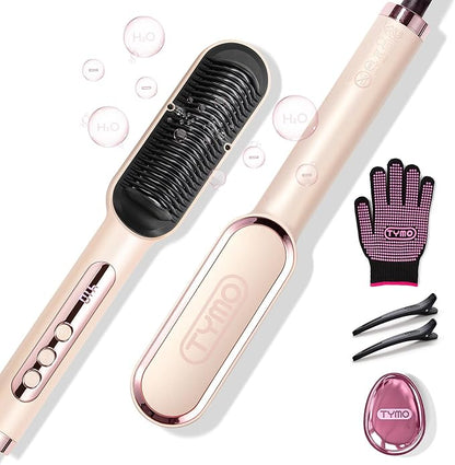 TYMO Ring Plus Ionic Hair Straightener Brush - Straightening Comb with Negative Ions for Women, Titanium Coating, 9 Temp Settings & LED Display, Dual Voltage, Professional Styling Tools, Gold Blush