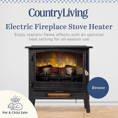 Country Living Infrared Freestanding Electric Fireplace Stove Heater in Bronze | Multiple Flame Colors, Metal Design with Faux Wooden Logs | Alexa/WiFi Enabled - Remote Included