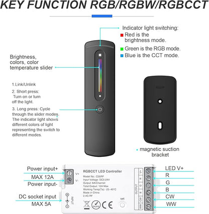 2.4GHz RF RGBW LED Strip Controller Remote Kit, Wireless Remote & Tuya Controller Dimmer with Group Control Adjust Brightness/Color Touch Slide for PWM 5Pin COB LED Strip Light DC5V DC12V DC24V
