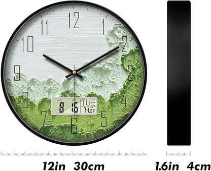 SCOAGE Modern Wall Clock with Temperature Green Forest Large Display Non-Ticking Battery Operated Clock with Date and Week for Kitchen Bedroom Living Room Farmhouse Decor 12 Inch