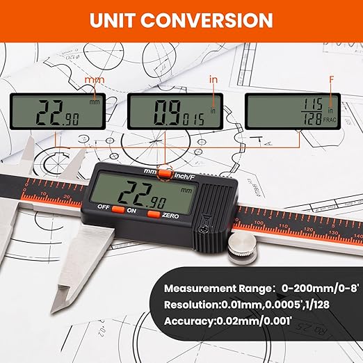 HARDELL Digital Caliper, 0-8 Inch Caliper Measuring Tool with Large LCD Screen, Auto-Off, Inch/Fractions/MM Conversion, Electronic Stainless Steel Micrometer for DIY/Household/3D Printing