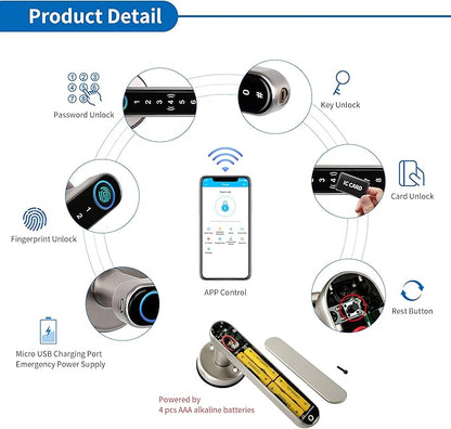 Smart Lock CATCHFACE Fingerprint Door Handle 5-1 Keyless Entry Door Lock,Smart Door Lock with Fingerprint/Code/Card/Key-Ideal for Front Door Hotel Office Office - Satin Nickel