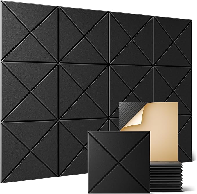 Sonicism 12 Pack X-Lined Acoustic Panels with Self-Adhesive, 12"X 12"X 0.4" Sound Proof Foam Panels, Decorative Soundproof Wall Panels, Sound Absorbing Tile for Home & Offices, Black