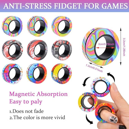 Cevioce 9Pcs Magnetic Rings Fidget Toy Set, ADHD Anxiety Magnetic Fidget Toys Adults Fidget Spinner Rings for Relief, Valentines Day Gifts for Him 8+ Year Old Teen Boy Adults Easter Basket Stuffers