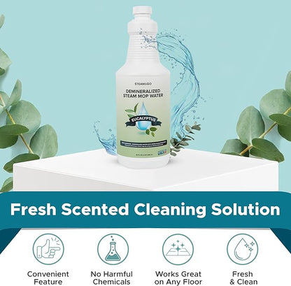 Steam & Go Demineralized Water Cleaning Solution for Floor & Multi-Surface Steam Cleaners - Compatible for All Steam Mops - Eucalyptus Mint Scent, 32 oz