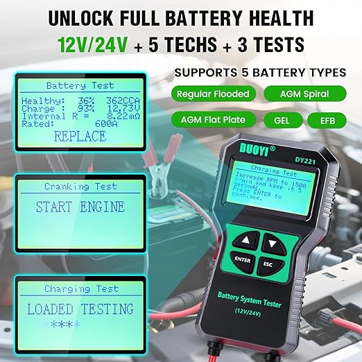 DUOYI DY221 Car Battery Tester, 12V 24V Digital Automotive Alternator Meter Diagnostic Tool,100-2000 CCA Load Capacity, Charging & Cranking Analyzer for Cars, Trucks, Motorcycles, Vans, RVs, Boats...