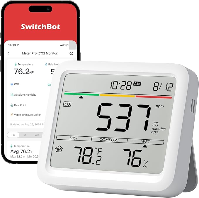 SwitchBot CO2 Detector, Air Quality Monitor Indoor, CO2 Monitor for CO2/TEMP/Humidity, Portable Carbon Dioxide Detector for Home/Car/Office/Greenhouse