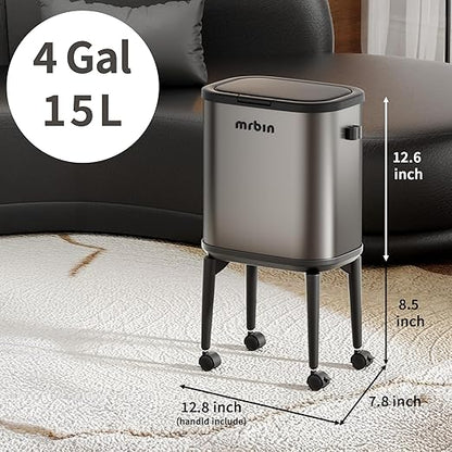 MRBIN Stainless Steel Slim Bathroom Trash Can with Legs and Wheels, 15L / 4gal Toilet Press Lid Waste Basket, Covered Office Garbage Pail for Near Desk, Narrow Vanity, Rvs, Kitchen, Eclipse Grey