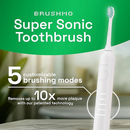 Brushmo Super Sonic Electric Toothbrush with 4 Replacement Heads - Rechargeable Electronic Tooth Brush for Adults with 5 Customizable Modes - IPX7 Waterproof & Long-Lasting Battery - White