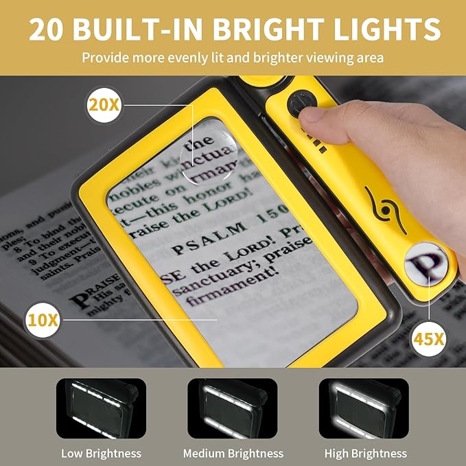 Magnifying Glass with Light, 5X 10X 45X Rechargeable Magnifier with 20 LED, 3 Light Modes Folding Lighted Magnifying Glass Handheld for Seniors Low Vision Reading (Yellow & Black)