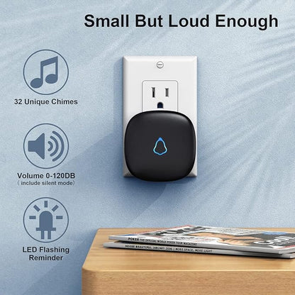 SECRUI Wireless Doorbell with 2 Receivers 2 Push Buttons, Easy installation, Adjustable Volume, 58 Chimes, Colorful LED, 1000Ft Range, M520+F55, Black