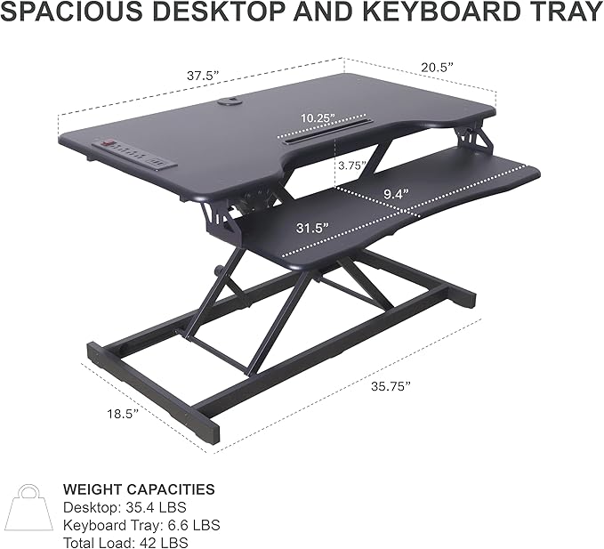 Rocelco 37.4" Electric Standing Desk Converter with AC USB Charger - Motorized Height Adjustable Sit Stand Up Dual Monitor Riser - Tabletop Computer Workstation - Large Keyboard Tray - Black (R EDRB2)
