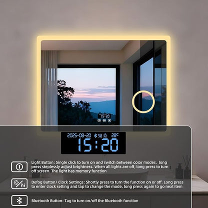 LUVODI LED Bathroom Mirror Rectangle: 32x24 inch Lighted Makeup Vanity with Bluetooth Speaker, Time Display, Magnifier, Anti-Fog, Memory Function, 3 Color Temperature