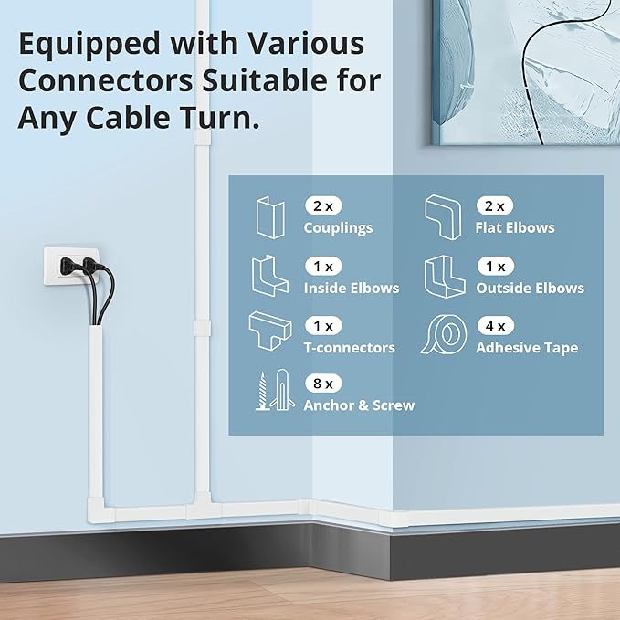 Cord Covers for Wires on Wall Extra-Long, 13.12ft TV Cord Hider Kit, Paintable Cable Management Concealer, White Cord Raceway Channel, 4 x L39in x W0.95in x H0.55in