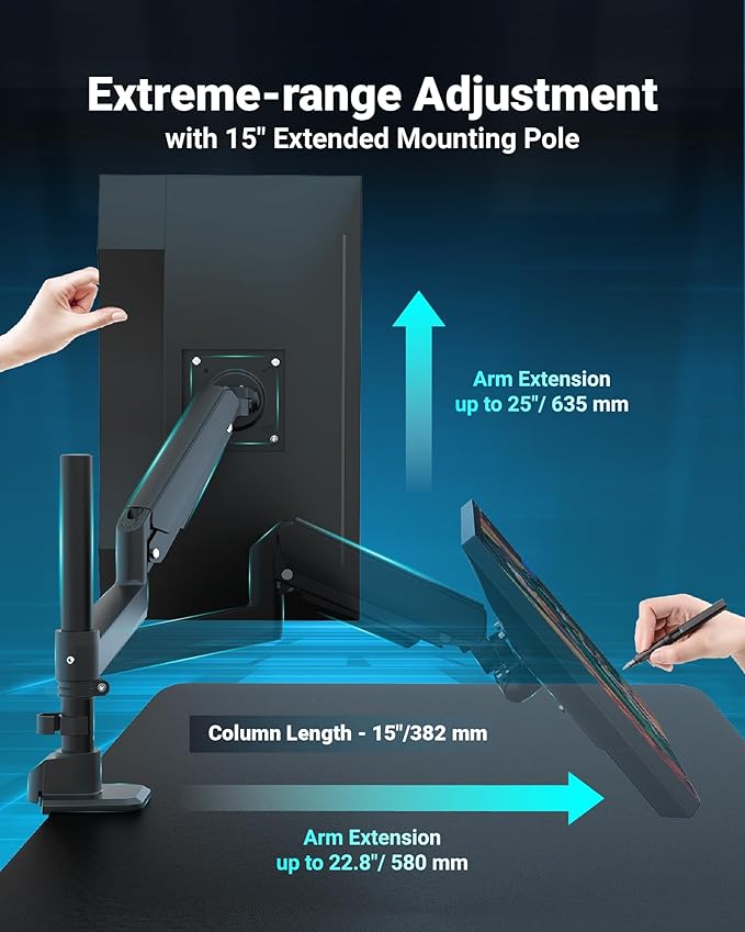 Heavy Duty Monitor Arm for 13-49 Inch Ultrawide Screens, Holds Up to 44lbs, Fully Adjustable Single Monitor Mount, with Clamp & Grommet Base, 75/100mm VESA Desk Mount, Black