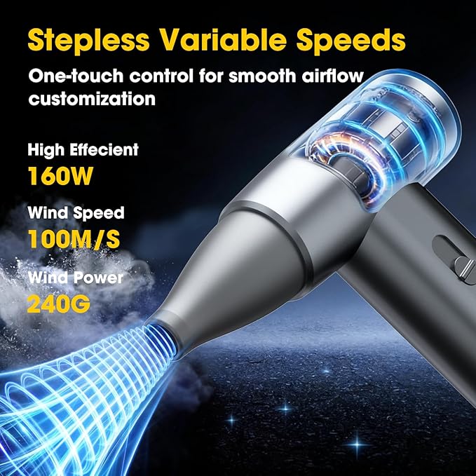 Metal Electric Compressed Air Duster, 300000RPM Brushless Motor with Stepless Speed, Rechargeable Cordless Mini Blower for Computer Keyboard Cleaning, Car Detailing, House and Outdoor Use(Grey)