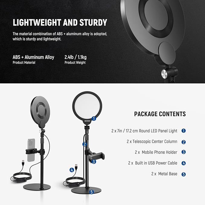 NEEWER Basics 2 Pack 7" Desktop Ring Lights for Video Recording, 10W Dimmable Full Screen Key Lighting with Desk Stands & Phone Holders for iPhone Computer Laptop Vlog Streaming Video Conference, R06