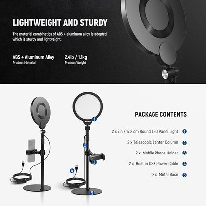 NEEWER Basics 2 Pack 7" Desktop Ring Lights for Video Recording, 10W Dimmable Full Screen Key Lighting with Desk Stands & Phone Holders for iPhone Computer Laptop Vlog Streaming Video Conference, R06