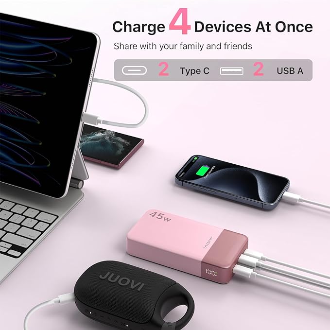 JUOVI J2621 Power Bank Portable Charger,20000mAh 45W PD3.0 QC 4.0 Fast Charging Battery Pack with LED Display,2 USB-C,2 USB-A for iPhone 15 16, MacBook (Pink)