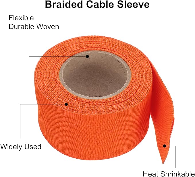 MECCANIXITY Braided Cable Sleeves Heat Shrinkable Fabric Sleeving, 1 9/16" 16ft Orange 2:1 Ratio Heat Shrinkable Cord Protector for Harness Cable, Network Cable Protection, Cable Management
