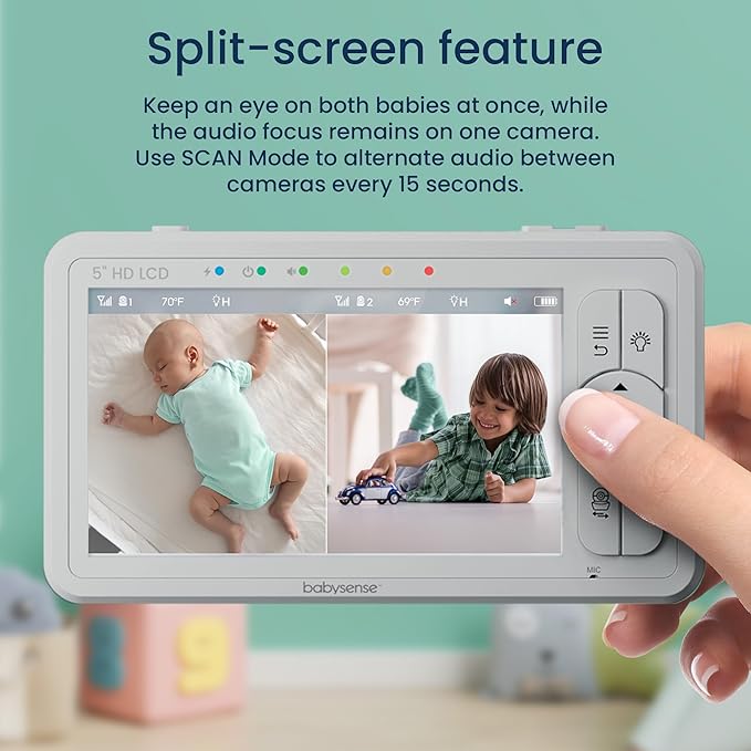Babysense 5" HD Split-Screen Baby Monitor, Video Baby Monitor with 2 Cameras and Audio, Night Light, 1000ft Range, Two-Way Audio, 4X Zoom, Night Vision, 4000mAh Battery