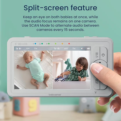 Babysense 5" HD Split-Screen Baby Monitor, Video Baby Monitor with 2 Cameras and Audio, Night Light, 1000ft Range, Two-Way Audio, 4X Zoom, Night Vision, 4000mAh Battery