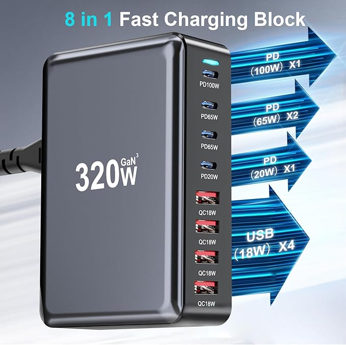 320W USB C Fast Charger Block, 8 Port USB Charging Station, GaN Ⅲ Pro 100W PD PPS Port Fast Charging Station Hub, Laptop Wall Charger Compatible with MacBook, iPhone 17, iPad, Android Devices etc