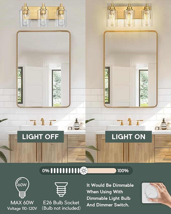 METWET 3-Light Bathroom Light Fixtures, Brushed Gold Vanity Light with Cylinder Clear Glass Shade, Modern Vanity Lighting Fixtures Over Mirror, VL143-BG-3