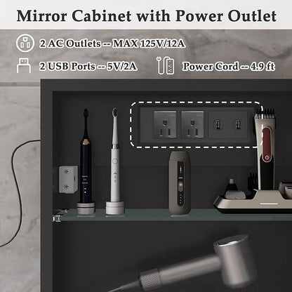 16x 32 inch Bathroom Cabinet with Mirror,Black Arched Medicine Cabinet with Outlets,Vanity Mirror with Storage,Metal Framed Wall Mounted Medicine Cabinet with Adjustable Shelf