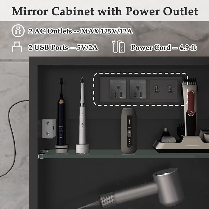Arched Medicine Cabinet with Mirror,Bathroom Medicine Cabinet Wall Mounted,Bathroom Vanity Mirror with Storage 2 Power Outlets,Mirrored Cabinet with Adjustable Shelf, 20X34 Inch Black