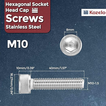 Kozelo 12pcs Socket Head Cap Screws - [M10-1.5 x 40mm] 304 Stainless Steel Allen Socket Drive for Electrical Motor 3D Printing Fan Engine Replacement Use, Silver